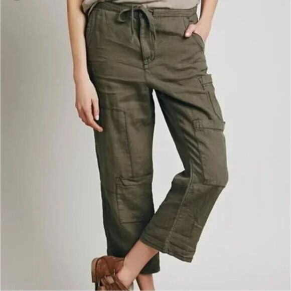 Free People Pants - FREE PEOPLE Linen Pants Womens S Cargo Crop Patchwork Utility Green Relaxed Fit
